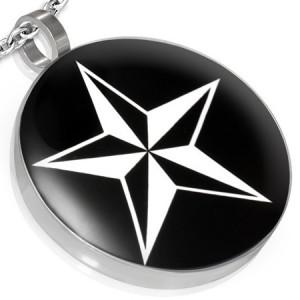 Kruh s pěticípou hvězdou na černém podkladě - ocelový přívěsek